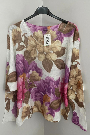 AYASOFYA OTANTIK Women's Italian Lilac V-Neck Vintage Floral Patterned Loose Mercerized Blouse