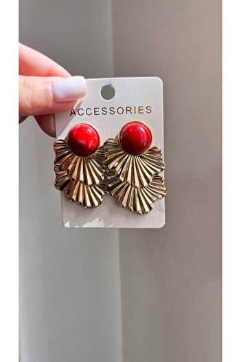 luxyansımalar Large Gold Earrings with Red Stone Detail