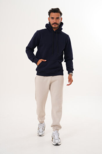 BigBrossBoutique Men's Navy Blue 3 Thread Basic Standard Fit Kangaroo Pocket Hooded Sweatshirt