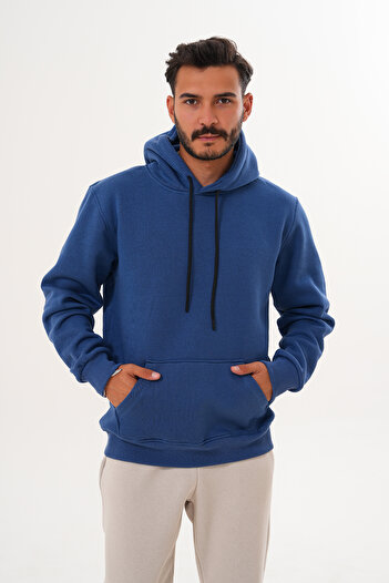 BigBrossBoutique Men's Indigo Blue 3 Thread Basic Standard Fit Kangaroo Pocket Hooded Sweatshirt