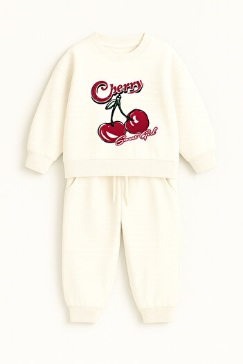 Let's Wear Cherry Printed Children's Premium Compact Children's Set with Pockets and Drawstrings - 2 Piece Sports Set