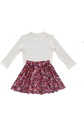 MODA59 Girls' Skirt Suit, Long Sleeve Cotton T-Shirt Floral Knee-Length Skirt