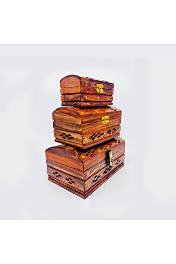 M.A Traders Handmade Wooden Storage Boxes, Decorative Jewelry Organizer Set, Brown Sheesham Wood, 3 Pieces with