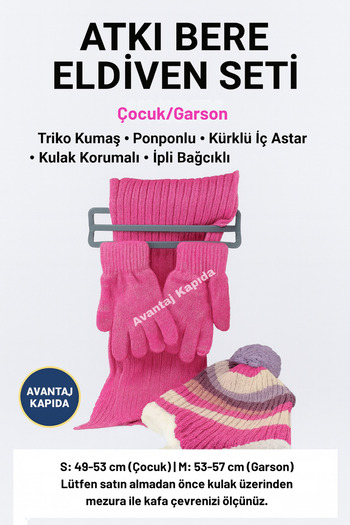 Mustran Children's Scarf, Beanie, Gloves Set of 3 Unisex Waiter Pom-Pom Furry Drawstring Knitwear Winter Gift