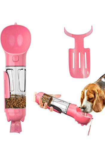 OEM 4-in-1 portable dog water bottle: 500ml water, 100ml food, bowl, shovel+bags, anti-leak, pink