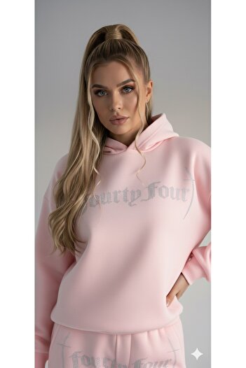 dwnwear Women's Stone Printed Top and Bottom Tracksuit Set Winter 3 Thread Thick