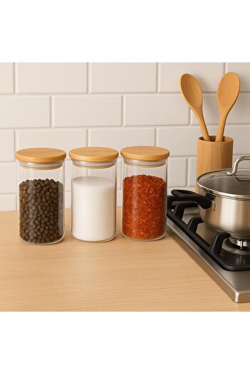 Noah Exclusive 3-Piece Tea + Sugar + Coffee Storage Container Set - with Labels - 420 ml - Bamboo Lid - 7 cm X 15 cm - Silicone