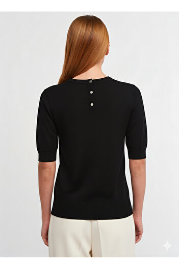 Dilvin Crew Neck Buttoned Short Sleeve Sweater-Black