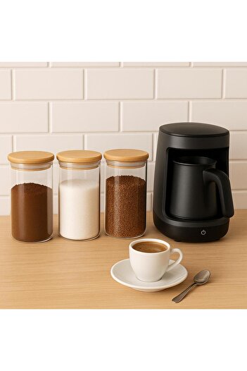 Noah Exclusive 3-Piece Tea + Sugar + Coffee Storage Container Set - with Labels - 420 ml - Bamboo Lid - 7 cm X 15 cm - Silicone