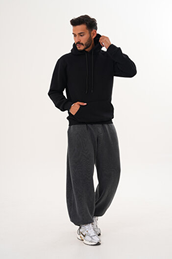 BigBrossBoutique Men's Black 3 Thread Basic Standard Fit Kangaroo Pocket Hooded Sweatshirt