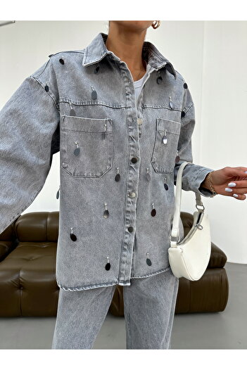 MİA NOURA Women's Front Hand-Embroidered Denim Fabric Shirt