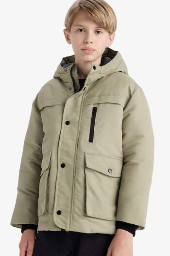 DeFacto Boy's Waterproof Hooded Zippered Snap Coat E9048A825Wn