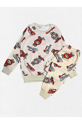 Fil Kids Boys' Cotton Fabric Beige Labubu Patterned Long Sleeve Seasonal Pajama Set