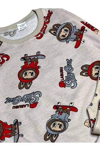 Fil Kids Boys' Cotton Fabric Beige Labubu Patterned Long Sleeve Seasonal Pajama Set