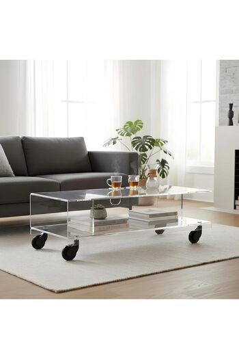 Slasa Acrylic Coffee Table with Wheels – 80 × 41 × 30 cm Modern Transparent Rolling Table