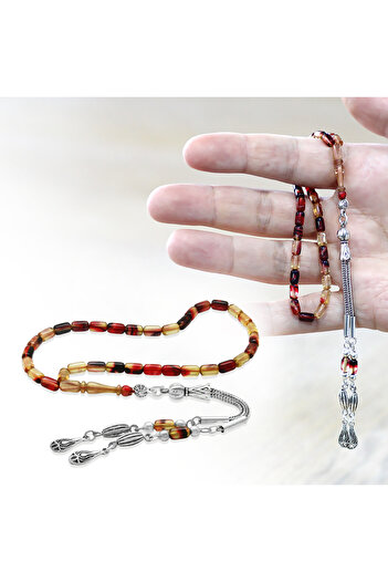 Tesbihane Fire Amber Prayer Beads - Non-Tarnish Metal Tassel - Wrist Length - Bonibon - Capsule Cut