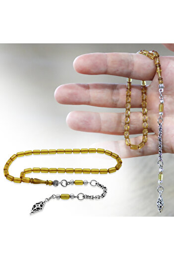 Tesbihane Fire Amber Prayer Beads - Non-Tarnishing Metal with Albanian Tassels - Wrist Length - Linden Yellow - Capsule Cut