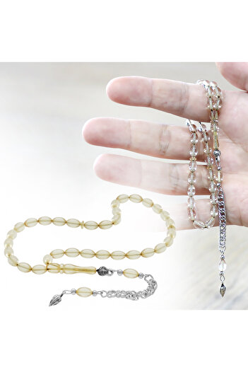 Tesbihane Fire Amber Prayer Beads - Non-Tarnish Metal Tassel - Wrist Length - Transparent White Color - Barley Cut