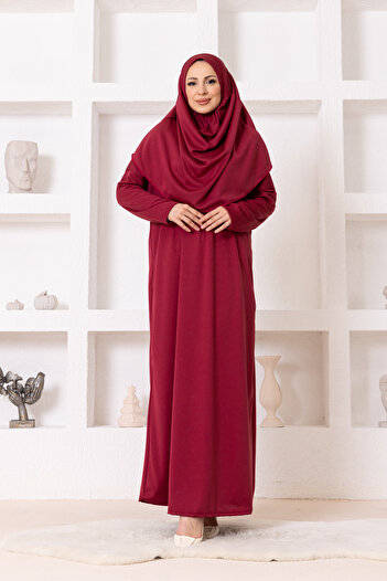 lumuteks One Piece Hijab Prayer Dress Burgundy