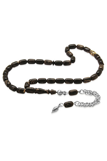 Tesbihane Crimped Amber Prayer Beads - Non-Tarnish Metal Tassel - Wrist Length - Marbled Color - Capsule Cut