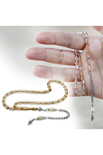 Tesbihane Non-Tarnish Metal Tassel Capsule Cut Transparent White Ankle Length Tightening Amber Prayer Beads