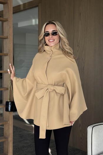 Laluvia Camel Düğmeli Kuşaklı Kaşe Panço - 2055