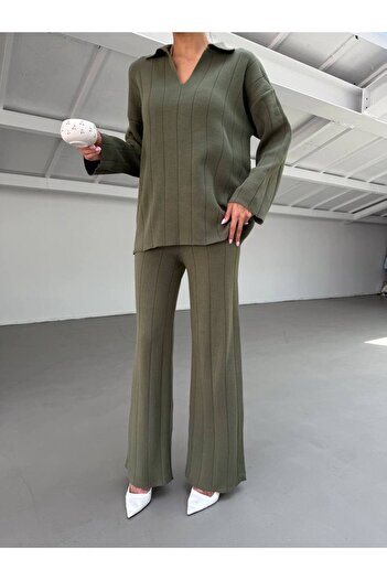 Gallogi V-Neck Knitwear Blouse-Elastic Trousers Oversize 2-Piece Set