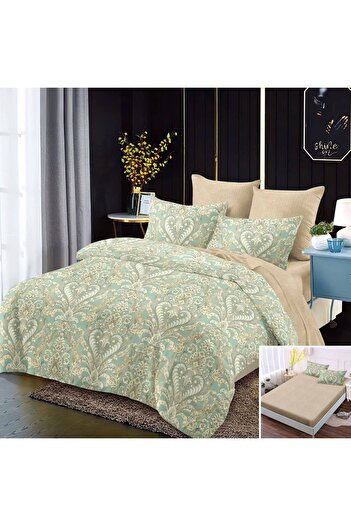 OEM Bed linen, 2 people, finet, 6 pieces, with elastic, green and cream, with print, LEL465