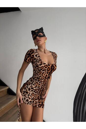 WİYONA Kadın Leopar Desenli Sırt Dekolteli Elbise