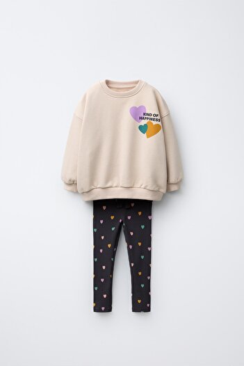 Magu Girl's Cotton Beige Heart Sweatshirt and Colorful Heart Black Leggings Set