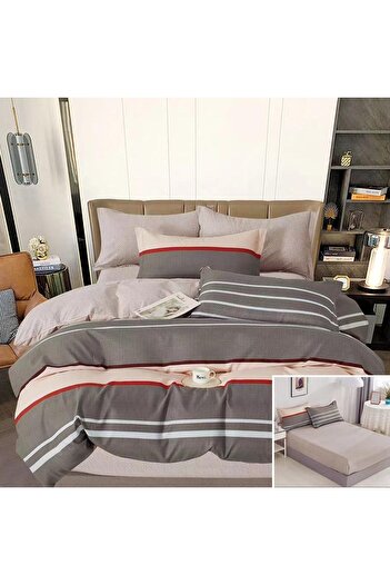 OEM Bed linen, 2 persons, finet, 6 pieces, with elastic, brown and white cream, line print, LEL510