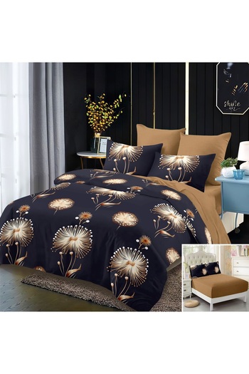 OEM Bed linen, 2 people, finet, 6 pieces, with elastic, black and brown, with dandelions, LEL410