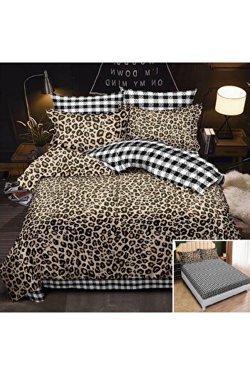 OEM Bed linen, 2 persons, fine, 6 pieces, with elastic, cream, with brown spots, LEL135