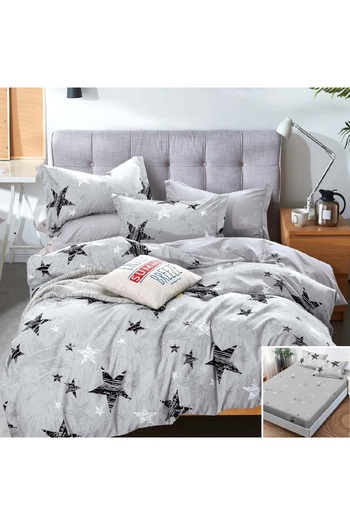 OEM Bed linen, 2 people, fine, 6 pieces, with elastic, gray, with black stars, LEL138