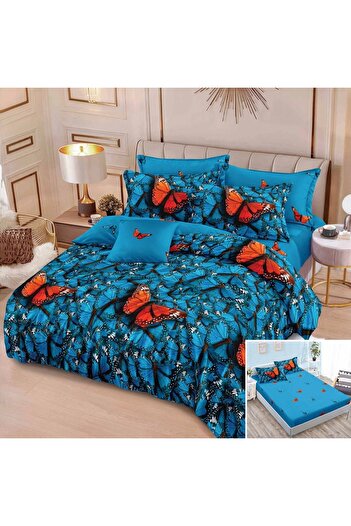 OEM Bed linen, 2 people, fine, 6 pieces, with elastic, blue, with butterflies, LEL506
