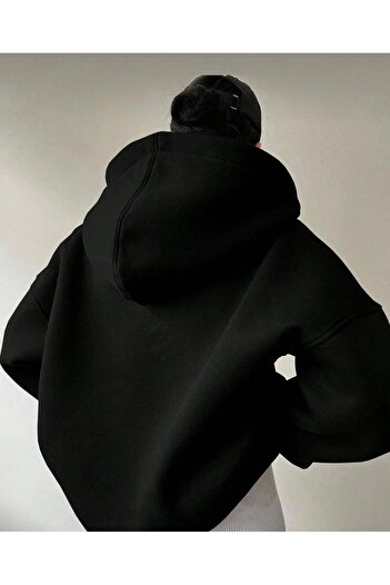 NO 601 Women's Black New York Usa Printed Patchwork Low-Cut Hooded Sweatshirt