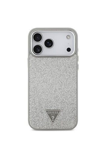 Guess Carcasă MagSafe cu logo triunghiular sclipici pentru iPhone 17 Pro Max, argintie
