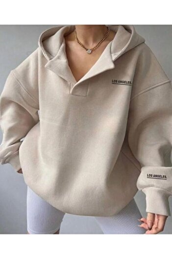 NO 601 Women's Beige Los Angeles Printed Patch Hooded Sweatshirt