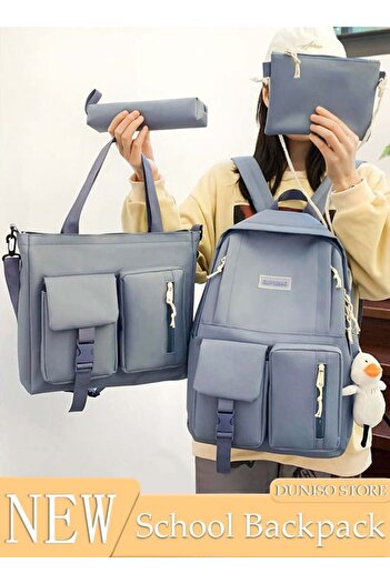 fun zone DUNISO 4PCS Kids School Backpack Set, Canvas Laptop School Bag Sets with Tote Bag, Shoulder Bag, Pen