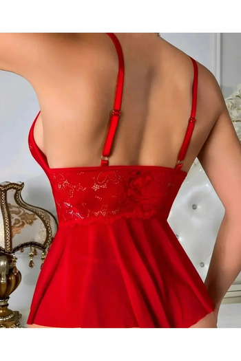 WİYONA Women's Red Lace Chain Detailed Sexy Fancy Babydoll