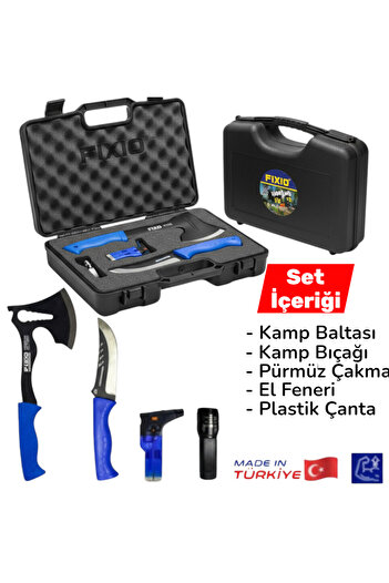 OTOMEKSAN FIXIO 5’li Kamp Seti – Kamp Baltası, Kamp Bıçağı, El Feneri, Pürmüz Çakmak ve Plastik Çanta | Outdoo