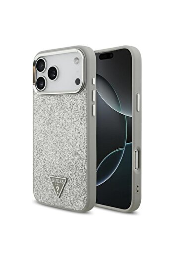 Guess Carcasă MagSafe cu logo triunghiular sclipici pentru iPhone 17 Pro Max, argintie