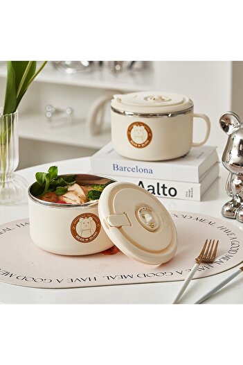 fulina Ramen Bowl with Lid,304 Stainless Steel Bowl,Double Layer Heat Insulation,18x15x10.5cm,for Students
