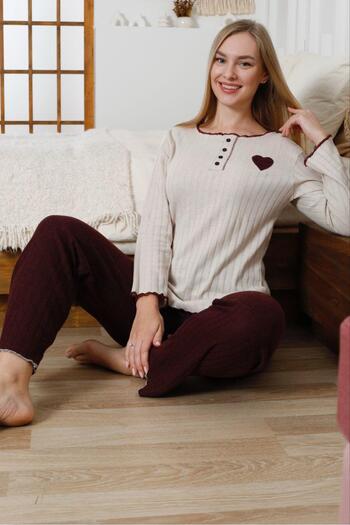 FORVENS Embroidered Cotton Heart Detailed Pajama Set