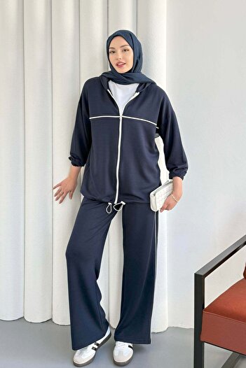 Hatun Atila Stripe Detailed Zippered Hooded Double Suit 30111 - Navy Blue