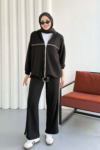 Hatun Atila Stripe Detailed Zippered Hooded Double Suit 30111 - Black