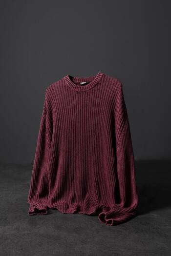 Slatra Men's Burgundy Washed Ribbed Wool Blend Crew Neck Oversize Sweater