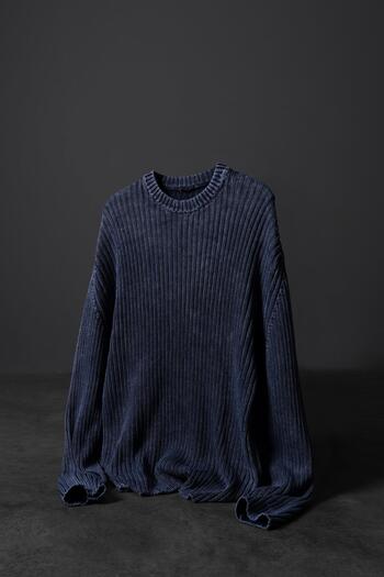 Slatra Men's Indigo Washed Ribbed Wool Blend Crew Neck Oversized Sweater