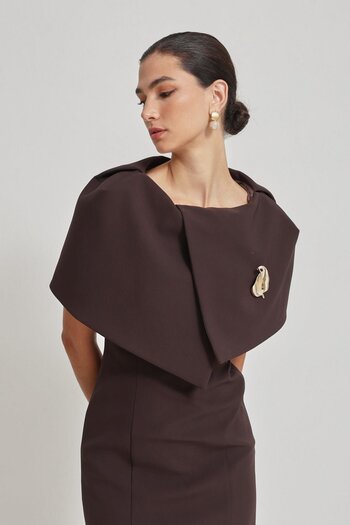 Setre Bitter-Brown Collar Detailed Full-Fit Midi Length Dress