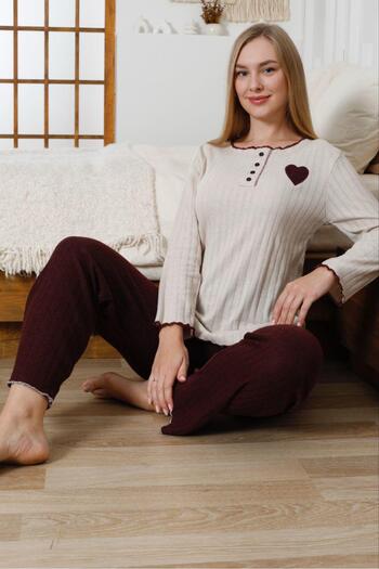 FORVENS Embroidered Cotton Heart Detailed Pajama Set